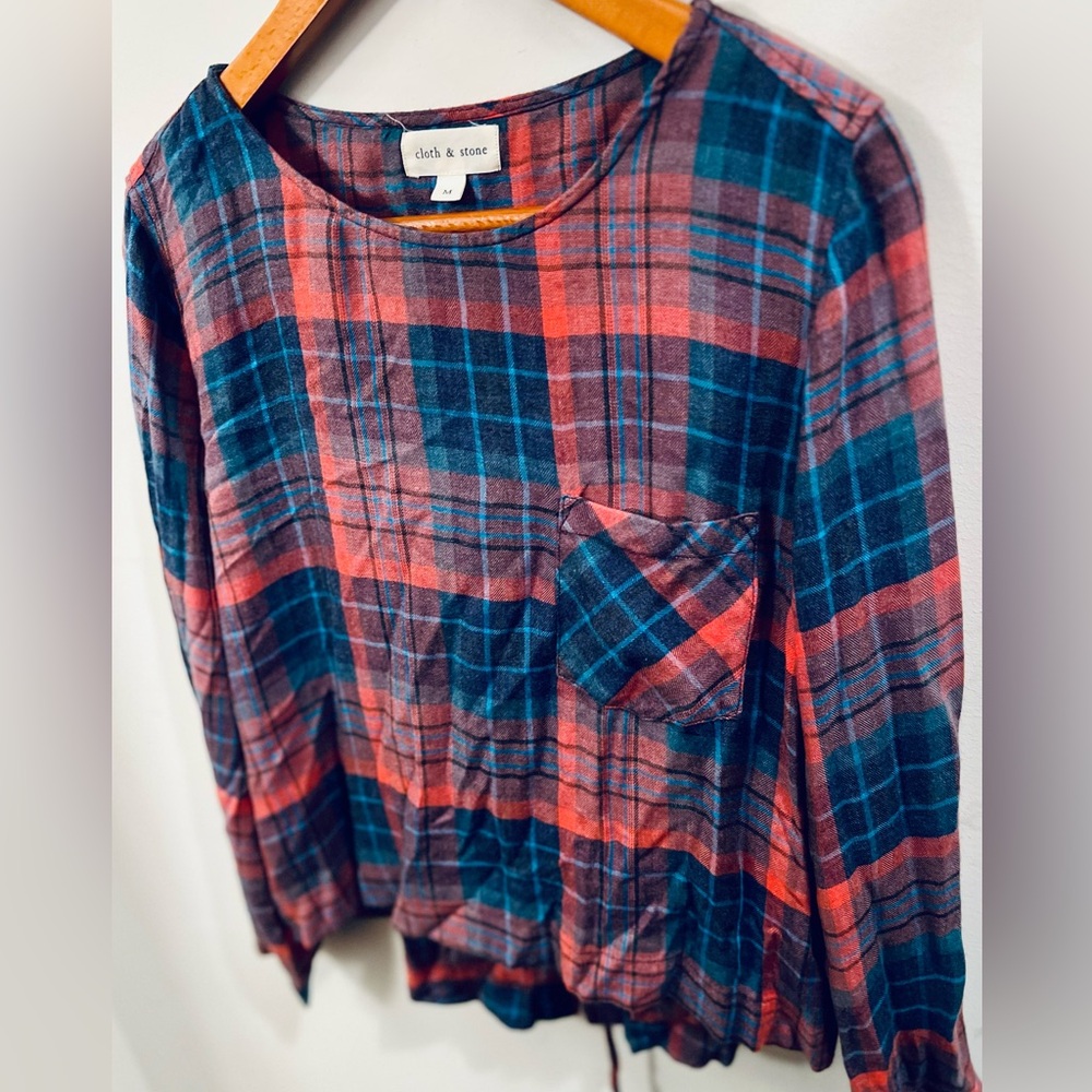 Anthropologie Cloth & Stone Plaid Lace-Up Back Flannel Top Size M - Picture 2 of 8